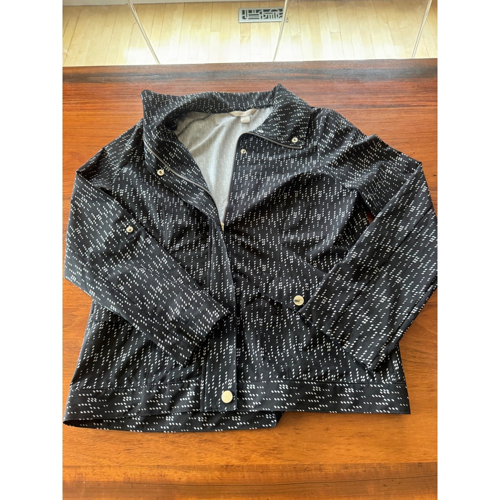 Laura Ashley Black White Dot Jacket Utility Zip Front Size M Modern Boho